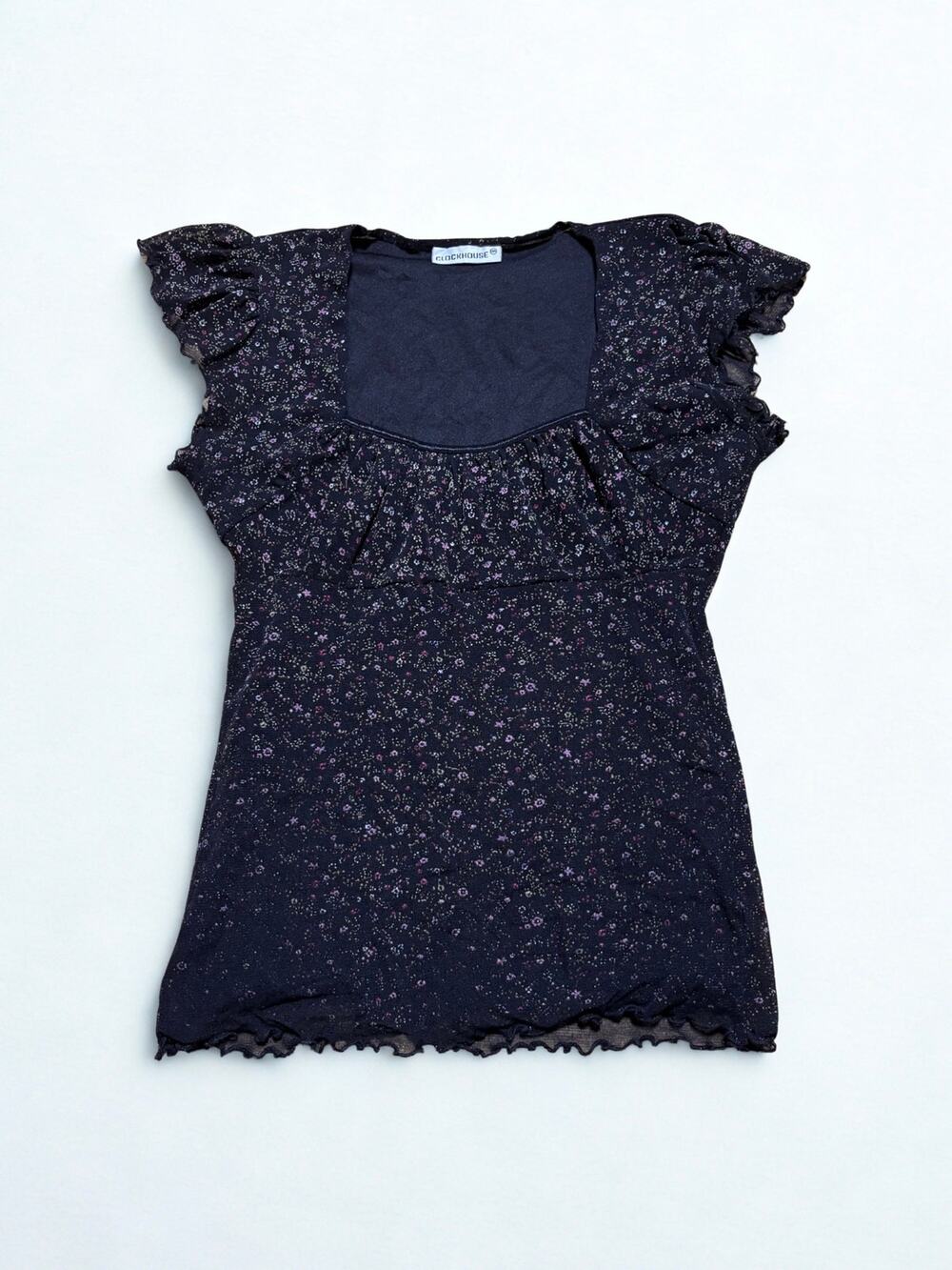 Black Ditsy Floral Print Short Sleeve Square Neckline Milkmaid Top Size XS/S